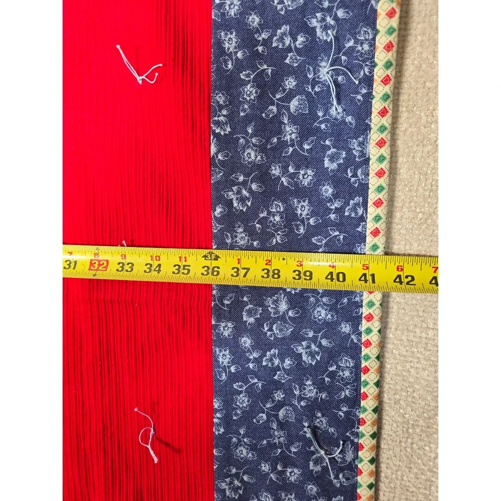 Vintage Hand Tied Denim Quilt Throw Multi Texture Patchwork Red Corduroy 41.5x58